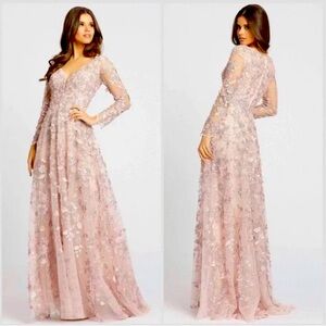 Mac Duggal 70224 Floral Applique Long Sleeve Illusion Gown, Rose Pink, Size 4